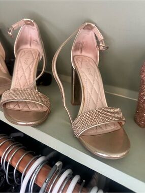BAMBOO Gold Rhinestone Block Heel Sandals